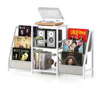 COSTWAY Supporto per Giradischi per Vinili, Porta Giradischi Vinili Fino a 200 Album con 3 Ripiani, 6 Tasche di Archiviazione e Struttura in Metallo, per Casa Studio e Caffè, 125x30x69 cm (Bianco)