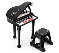 COSTWAY Tastiera Pianoforte a 31 Tasti per Bambini con Microfono e Sgabello, Tasti Giocattolo Portatile con Modalità di Insegnamento a LED, Pianoforte a Coda per Bambini 3+ Anni (Nero)