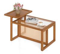 COSTWAY Tavolino Salotto in Vetro Temperato e Rattan a 2 Ripiani
