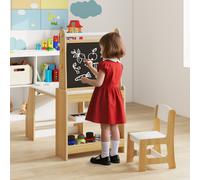 Costway Tavolo da attività multifunzionale con lavagna e sedia lavagna bianca, Set tavolo e sedia per bambini 2 ripiani rotolo di carta Naturale