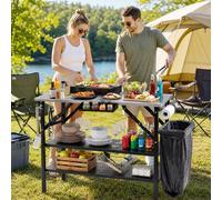 Costway Tavolo da barbecue pieghevole in acciaio con 2 ripiano regolabile, Tavolino da esterno per picnic e campeggio