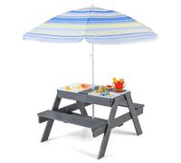 COSTWAY Tavolo da Picnic per Bambini, 4 in 1 Set di Tavolo e Panca in Legno per Spiaggia con Ombrellone e 3 Scatole di Plastica Rimovibili, Tavolino Sabbiera per Patio, Giardino e Cortile