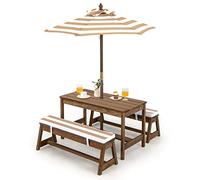 COSTWAY Tavolo da Picnic per Bambini con Parasole Pieghevole, Set di Tavolo e Panca in Legno con Cuscini, per Giardino, Cortile, Patio (Marrone)