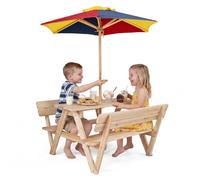 COSTWAY Tavolo da Picnic per Bambini, Set Tavolo e Panche da Giardino con Ombrellone Regolabile in Altezza e Struttura in Legno Massello per Campeggio e Picnic per Bambini 3-8 Anni