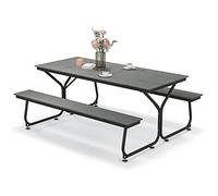 COSTWAY Tavolo da Pranzo 183 CM con 2 Panche per 8 Persone, Set da Picnic in Metallo e HDPE con Foro per Ombrellone, per Giardino Terrazzo (Grigio)