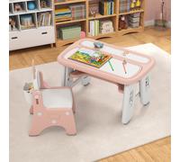 Costway Tavolo e sedia per bambini con mensola ribaltabile lavagna magnetica cancellabile, Tavolo e sedia per imparare Rosa