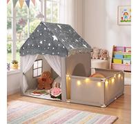 Costway Tenda da gioco che si illumina al buio per bambini con recinto, 2 in 1 casetta gioco per bambini 3+ anni con porte traspiranti e luci delle stelle Gri