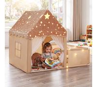 Costway Tenda da gioco che si illumina al buio per bambini con recinto, 2 in 1 casetta gioco per bambini 3+ anni con porte traspiranti e luci delle stelle Bei
