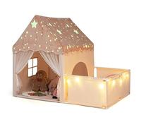 COSTWAY Tenda da Gioco Fosforescente per Bambini con Recinto (Beige) | 2 in 1 Casetta per Interni con Imbottito Morbida, Reti Traspiranti e Luci a Stelle,Idea Regalo per Bambini 3+Anni