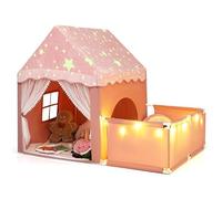 COSTWAY Tenda da Gioco Fosforescente per Bambini con Recinto (Rosa) | 2 in 1 Casetta per Interni con Imbottito Morbida, Reti Traspiranti e Luci a Stelle,Idea Regalo per Bambini 3+Anni