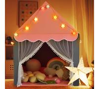 Costway Tenda da gioco per bambini con tappetino lavabile, Tenda castello fatato con luci a forma di stella Rosa