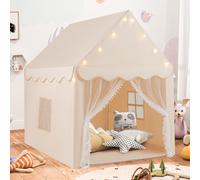 Costway Tenda da gioco per bambini con tappetino lavabile, Tenda castello fatato con luci a forma di stella Beige