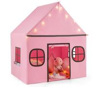 COSTWAY Tenda da Gioco per Bambini, con Tenda Porta e Finestre, Luci a Stella, Tappetino Antiscivolo, Casetta per Bambini e Bambine 3-10 Anni, 120 x 101 x 143 cm (Rosa)