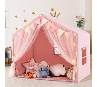 Costway Tenda da gioco per bambini con tende in tessuto e rete luci a stella materassino in cotone, Grande casa da gioco Rosa