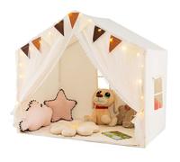 Costway Tenda da gioco per bambini con tende in tessuto e rete luci a stella materassino in cotone, Grande casa da gioco Beige