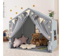 Costway Tenda da gioco per bambini con tende in tessuto e rete luci a stella materassino in cotone, Grande casa da gioco Grigio