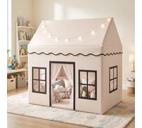 Costway Tenda per bambini da interno con recinzione con tappetino morbido luci decorative, Tenda da gioco a forma di casetta per bambini 3+ anni Beige