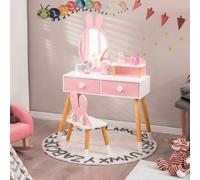 Costway Toeletta con specchio a forma di coniglio per bambini, Set tavolo e sedia toeletta con cassetti e sgabello Rosa