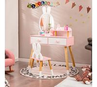 Costway Toeletta con specchio a forma di coniglio per bambini, Set tavolo e sedia toeletta con cassetti e sgabello Bianco