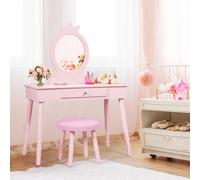 Costway Toeletta con specchio per bambini, Set tavolo e sedia toeletta con cassetti e sgabello imbottito Rosa