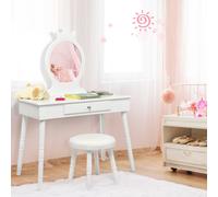 Costway Toeletta con specchio per bambini, Set tavolo e sedia toeletta con cassetti e sgabello imbottito, Bianco