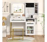 COSTWAY Toeletta da Trucco con Luci, Set Tavolo e Sgabello da Trucco con Stazione di Ricarica, Luci LED a 3 Colori, 3 Cassetti, Portagioie, Supporto per Asciugacapelli, 96x39x135,5 cm (Modello 1)