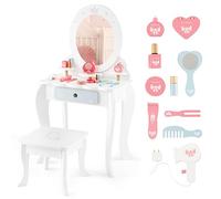 COSTWAY Toeletta Trucco 2 in 1 per Bambina, Specchiera Staccabile per Ragazza in Legno con Sgabello, Cassetto, Ripiani e Giocattoli, Postazione Trucco per 3 Anni, 50 x 34 x 93 cm, Bianco