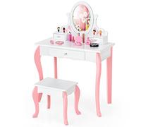 COSTWAY Toeletta Trucco 2 in 1 per Bambina, Specchiera Staccabile per Ragazza in Legno con Sgabello, Portapenni, Cassetto e Specchio Girevole a 360°, Postazione Trucco, 70 x 34 x 105cm (Bianco)
