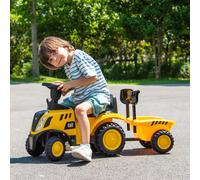Costway Trattore cavalcabile per bambini 1,5-3 anni con rimorchio staccabile pala rastrello clacson, Trattore scorrevole Giallo