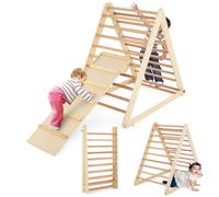 COSTWAY Triangolo a Gradini, Scala Giochi Arrampicata a Triangolo, con Scivolo, Palestra Coperta da Casa, Legno, Ideale per Bambini 3+ Anni (naturale)