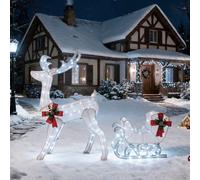 Costway Una splendida slitta natalizia e una renna con le corna Illuminazione natalizia per interni esterni, Renna con slitta illuminata 100 led Argento
