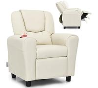 Costzon Sedia reclinabile per bambini con portabicchieri, mobili per bambini con bracciolo e poggiatesta e poggiapiedi, per camera dei bambini, in pelle sintetica (beige)