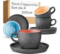 Cosumy Set 4 Tazze Cappuccino 200 ml Colorate - con Piattini in Gres Spesso | Fatte a mano con smalto reattivo, il gres spesso mantiene il calore a lungo, con piattini, un servizio per quattro persone