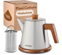 Cosumy Teiera con Filtro e Sottopentola 1,2 litro - Bollitore per Induzione e tutti gli Altri tipi di Fornelli - Acciaio Inox ed Legno FSC