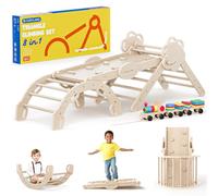 COSYLAND Arrampicata per Bambini 8 in 1 - Triangolo di pikler Regolabile a 3 Livelli con Scivolo, Gioco Treno e Confezione Regalo, Palestra Bambini Pieghevole da Interno, 18M-6Y, Naturale