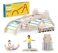 COSYLAND Arrampicata per Bambini 8 in 1 - Triangolo di pikler Regolabile a 3 Livelli con Scivolo, Gioco Treno e Confezione Regalo, Palestra Bambini Pieghevole da Interno, 18M-6Y, Freddi