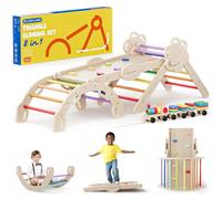 COSYLAND arrampicata per bambini 8 in 1 - triangolo di pikler regolabile a 3 livelli con scivolo, gioco treno e confezione regalo, palestra bambini pieghevole da interno, 18M-6Y, arcobaleno
