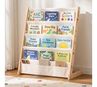 COSYLAND Libreria Montessoriana per Bambini 5 Ripiani Naturale L | Per bambini dai 15 mesi, cameretta/asilo, legno di pino e Oxford, bordi arrotondati, 3 albi grandi per fila