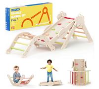 COSYLAND Set di Arrampicata 8 in 1 per Bambini - Triangolo Pikler e Arco Montessori Compatti con Scivolo, Struttura Pieghevole da Interno 18M-3A per Gioco Motorio e Arrampicata（Tono Caldo）