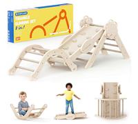 COSYLAND Set di Arrampicata 8 in 1 per Bambini - Triangolo Pikler e Arco Montessori Compatti con Scivolo, Struttura Pieghevole da Interno 18M-3A per Gioco Motorio e Arrampicata（Naturale）
