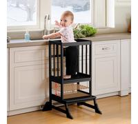 COSYLAND Sgabello da cucina per bambini, regolabile in altezza, sgabello per bambini con piedini anti-caduta, torre in legno per bancone della cucina, sgabello per l'apprendimento dei bambini (nero)