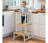 COSYLAND Torre Montessoriana Bambini - Torretta Montessoriana A Forma di “A” con Pedana Centrale Rinforzata - Torre Montessoriana da Cucina o Bagno, Convertibile in Doppio Sgabello - Bianco e Naturale