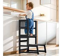 COSYLAND Torre Montessoriana per Bambini 2 in 1 - Torretta Montessoriana con protezione rimovibile, si trasforma in scaletta, capacità 136 kg per cucina/bagno/soggiorno/cameretta（Nero）