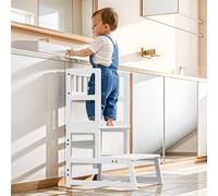 COSYLAND Torre Montessoriana per Bambini 2 in 1 - Torretta Montessoriana con protezione rimovibile, si trasforma in scaletta, capacità 136 kg per cucina/bagno/soggiorno/cameretta (Bianco)