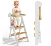 COSYLAND Torre Montessoriana Pieghevole - Torretta Montessoriana Regolabile con Design Premiato IF, Sicura, Pieghevole e Ideale per Attività di Apprendimento in Cucina e Bagno (Bianco & Naturale)
