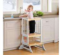 COSYLAND Wodden Sgabello regolabile in altezza per bambini, con piedini anti-caduta, torre in piedi per bambini, per bancone della cucina, sgabello per l'apprendimento del bagno (bianco e naturale)
