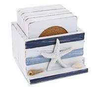 COTA Global - Set di 8 sottobicchieri in legno a righe blu, centrotavola da tavolo, decorazione costiera per cucina, casa, casa al mare, set di 8 sottobicchieri decorativi rustici con supporto, il