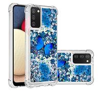 COTDINFOR Compatible with Samsung Galaxy A02S Custodia Liquid Cases Bling Glitter Sparkle Floating Silicone Shockproof Phone Cover per Galaxy A02S Case Blue Butterfly YB.