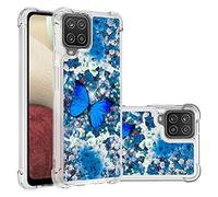 COTDINFOR Compatible with Samsung Galaxy A12 Custodia Liquid Cases Bling Glitter Sparkle Floating Silicone Shockproof Phone Cover per Galaxy A12 Case Blue Butterfly YB.