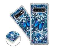 COTDINFOR pour Galaxy S10 Plus Custodia Silicone Trasparente Design Ultrasottile Bling Glitter Flowing Liquido Quicksand Cute TPU Bumper Custodia per Samsung Galaxy S10 Plus Blue Butterfly YB.